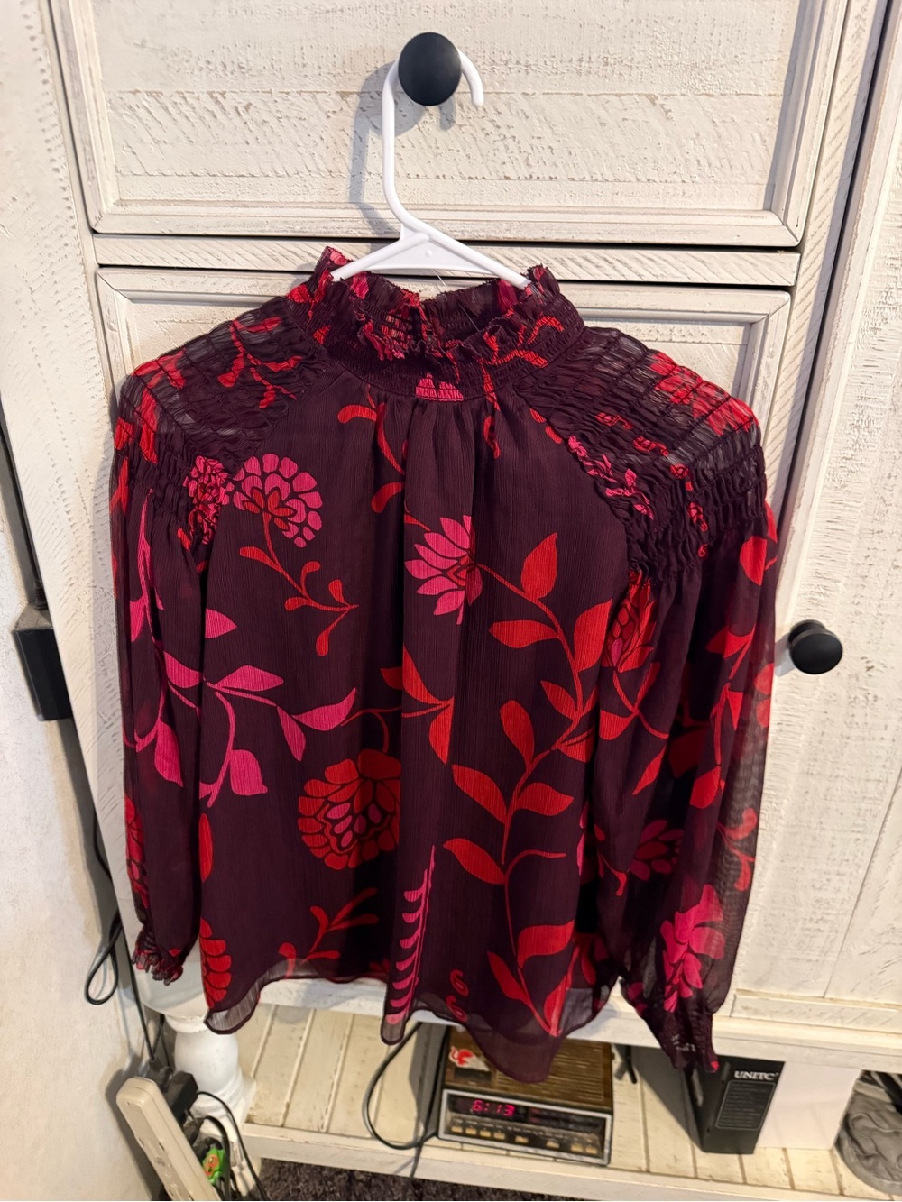 Ann Taylor Burgundy Floral Smocked Neck Blouse with Pink & Red Blooms
